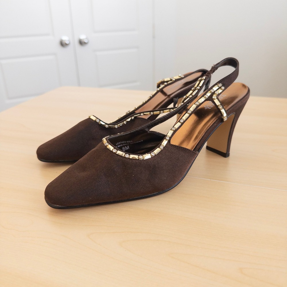 Valenti Franco Womens Beaded Slingback Heels 8M Brown Rhinestone Studded Valerie